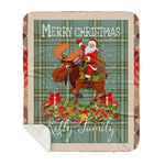Personalized Gift Plaid Tartan Blanket Clan Kelly With Moose Lover Xmas Gift Santa Riding Buffalo Plaid Christmas Sherpa Blanket