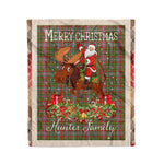 Personalized Gift Plaid Tartan Blanket Clan Hunter 1819 With Moose Lover Xmas Gift Santa Riding Christmas Fleece Blanket