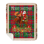 Personalized Gift Plaid Tartan Blanket Clan McCulloch With Moose Lover Xmas Gift Santa Riding Plaid Christmas Sherpa Blanket