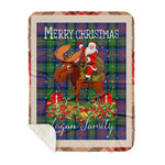 Personalized Gift Plaid Tartan Blanket Clan Logan Ancient With Moose Lover Xmas Gift Santa Riding Buffalo Plaid Christmas Sherpa Blanket