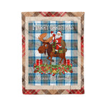 Personalized Gift Plaid Tartan Blanket Clan Stewart Muted Blue With Moose Lover Xmas Gift Santa Riding Christmas Fleece Blanket