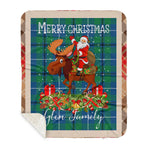 Personalized Gift Plaid Tartan Blanket Clan Glen Ancient With Moose Lover Xmas Gift Santa Riding Buffalo Plaid Christmas Sherpa Blanket