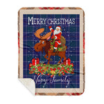 Personalized Gift Plaid Tartan Blanket Clan Navy US Edzell With Moose Lover Xmas Gift Santa Riding Buffalo Plaid Christmas Sherpa Blanket