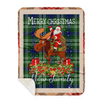 Personalized Gift Plaid Tartan Blanket Clan Mow With Moose Lover Xmas Gift Santa Riding Plaid Christmas Sherpa Blanket