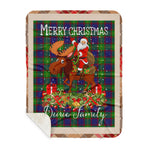 Personalized Gift Plaid Tartan Blanket Clan Durie With Moose Lover Xmas Gift Santa Riding Buffalo Plaid Christmas Sherpa Blanket