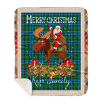 Personalized Gift Plaid Tartan Blanket Clan Kerr Hunting With Moose Lover Xmas Gift Santa Riding Buffalo Plaid Christmas Sherpa Blanket