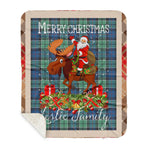 Personalized Gift Plaid Tartan Blanket Clan Leslie Hunting With Moose Lover Xmas Gift Santa Riding Buffalo Plaid Christmas Sherpa Blanket
