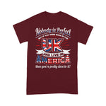 Scotstee Shop - UK USA Flag Nobody Is Perfect Born UK Expat Joke 4th Of July Shirt