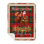 Personalized Gift Plaid Tartan Blanket Clan MacDuff With Moose Lover Xmas Gift Santa Riding Buffalo Plaid Christmas Sherpa Blanket
