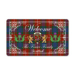 Doormat - Welcome Mat Scottish Clan Fraser Ancient Tartan Door Mat, Plaid Doormat With Thistle and Two Lion Scottish