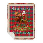 Personalized Gift Plaid Tartan Blanket Clan Hopkirk With Moose Lover Xmas Gift Santa Riding Buffalo Plaid Christmas Sherpa Blanket