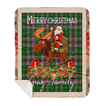 Personalized Gift Plaid Tartan Blanket Clan Gray Hunting With Moose Lover Xmas Gift Santa Riding Buffalo Plaid Christmas Sherpa Blanket