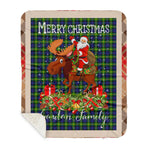 Personalized Gift Plaid Tartan Blanket Clan Gordon With Moose Lover Xmas Gift Santa Riding Buffalo Plaid Christmas Sherpa Blanket