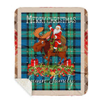 Personalized Gift Plaid Tartan Blanket Clan Gunn Ancient With Moose Lover Xmas Gift Santa Riding Buffalo Plaid Christmas Sherpa Blanket