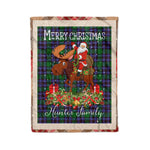 Personalized Gift Plaid Tartan Blanket Clan Hunter of Peebleshire With Moose Lover Xmas Gift Santa Riding Christmas Fleece Blanket