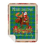 Personalized Gift Plaid Tartan Blanket Clan Johnston With Moose Lover Xmas Gift Santa Riding Buffalo Plaid Christmas Sherpa Blanket
