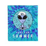 Scotstee Shop - Scotstee Shop Blanket Funny Alien Here for Summer Spiral Tie Dye Teal and Blue Rainbow Hippie Fleece Blanket