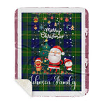 Personalized Gift Tartan Plaid Blanket Clan Johnson With Funny Santa Snowman Reindeer Merry Christmas Gift Sherpa Blanket, blue plaid sherpa blanket,blue tartan sherpa blanket,Buchan,buffalo plaid sherpa blanket,christmas sherpa blanket,Christmas Throw Blanket