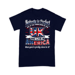 Scotstee Shop - UK USA Flag Nobody Is Perfect Born UK Expat Joke 4th Of July Shirt