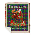 Personalized Gift Plaid Tartan Blanket Clan Durie With Moose Lover Xmas Gift Santa Riding Buffalo Plaid Christmas Sherpa Blanket