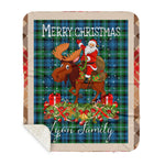 Personalized Gift Plaid Tartan Blanket Clan Lyon Hunting With Moose Lover Xmas Gift Santa Riding Buffalo Plaid Christmas Sherpa Blanket