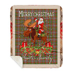 Personalized Gift Plaid Tartan Blanket Clan Hunter 1819 With Moose Lover Xmas Gift Santa Riding Buffalo Plaid Christmas Sherpa Blanket