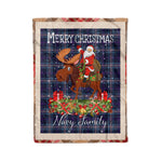 Personalized Gift Plaid Tartan Blanket Clan Navy Royal With Moose Lover Xmas Gift Santa Riding Christmas Fleece Blanket