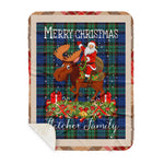 Personalized Gift Plaid Tartan Blanket Clan Fletcher Ancient With Moose Lover Xmas Gift Santa Riding Buffalo Plaid Christmas Sherpa Blanket