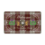 Doormat - Welcome Mat Scottish Clan Cunningham Burgundy Dancers Tartan Door Mat, Plaid Doormat With Thistle and Two Lion Scottish