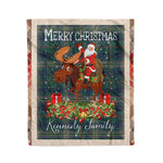 Personalized Gift Plaid Tartan Blanket Clan Kennedy Modern With Moose Lover Xmas Gift Santa Riding Christmas Fleece Blanket