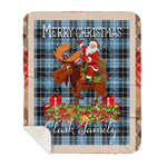 Personalized Gift Plaid Tartan Blanket Clan Clark With Moose Lover Xmas Gift Santa Riding Buffalo Plaid Christmas Sherpa Blanket