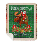 Personalized Gift Plaid Tartan Blanket Clan Innes Hunting With Moose Lover Xmas Gift Santa Riding Buffalo Plaid Christmas Sherpa Blanket