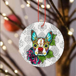 Sugar Skull Ornament Boston Terrier in Red Day of Dead Sugar Skull Dog Halloween Ornament Gift - Scotstee Shop