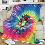 Scotstee Shop - Scotstee Shop Blanket Cow Skull Hippie Dream Catcher Tie Dye One Hippie Fleece Blanket