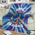 Scotstee Shop - Scotstee Shop Blanket Grandma Peace Sign With Flowers Retro Groovy Floral Tie Dye Blue Purple Peace Hippie Fleece Blanket