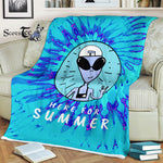 Scotstee Shop - Scotstee Shop Blanket Funny Alien Here for Summer Spiral Tie Dye Teal and Blue Rainbow Hippie Fleece Blanket