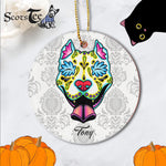 Sugar Skull Ornament Personalized Ornaments Slobbering Pit Bull of the Dead Sugar Skull Pitbull Gift Happy Halloween Ornament Gift - Circle Ornament (2 sided) - Scotstee Shop