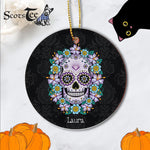 Sugar Skull Ornament Personalized Ornaments Purple Sugar Skull with Flowers Gift Happy Halloween Ornament Gift - Scotstee Shop