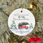 Scotstee Shop - First Christmas In Our New Home Ornament Personalize Name Family Our First Christmas Mr & Mrs Red Truck Hand-Lettered Ceramic Ornament