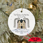 Scotstee Shop - First Christmas In Our New Home Ornament Personalize Name Family Rustic New Home First Christmas The Family Of Three Ceramic Ornament