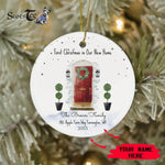 Scotstee Shop - Personalize Name Family Christmas In New Home Watercolor Red Door Wreath Ceramic Ornament, First Christmas In Our New Home Circle Ornament