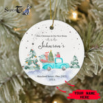 Scotstee Shop - Personalize Name Family Blue Truck First Christmas as Mr and Mrs Ceramic Ornament