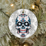 Sugar Skull Ornament 4th of July Sugar Skull USA American Flag Halloween Ornament Gift Halloween Tree Decorations - Circle Ornament (2 sided) - Scotstee Shop