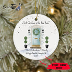Scotstee Shop - Personalize Name Family Christmas In New Home Watercolor Teal Door Wreath Ceramic Ornament, First Christmas In Our New Home Circle Ornament