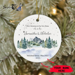 Scotstee Shop - Personalize Name Family First Christmas Mr and Mrs Mountains Trees Wedding Ceramic Ornament, First Christmas In Our New Home Ornament