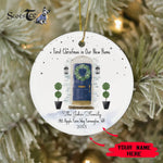 Scotstee Shop - Personalize Name Family Christmas In New Home Watercolor Navy Door Wreath Ceramic Ornament, First Christmas In Our New Home Circle Ornament