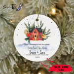 Scotstee Shop - Personalize Name Family First Christmas New Home Watercolor House Red Ornament, First Christmas In Our New Home Ornament