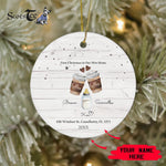 Scotstee Shop - Circle Ceramic Ornament (2 sided) - Personalize Name Family Watercolor Our First Christmas in our new Home Coffee Bottle Toast Cera Ceramic Ornament