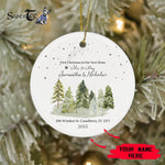 Scotstee Shop - Circle Ceramic Ornament (2 sided) - Personalize Name Family Watercolor Our First Christmas in our new Home Pine Tree Ornament