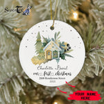 Scotstee Shop - Personalize Name Family First Christmas New Home Watercolor House Green Ceramic Ornament, Our First Christmas Circle Ornament